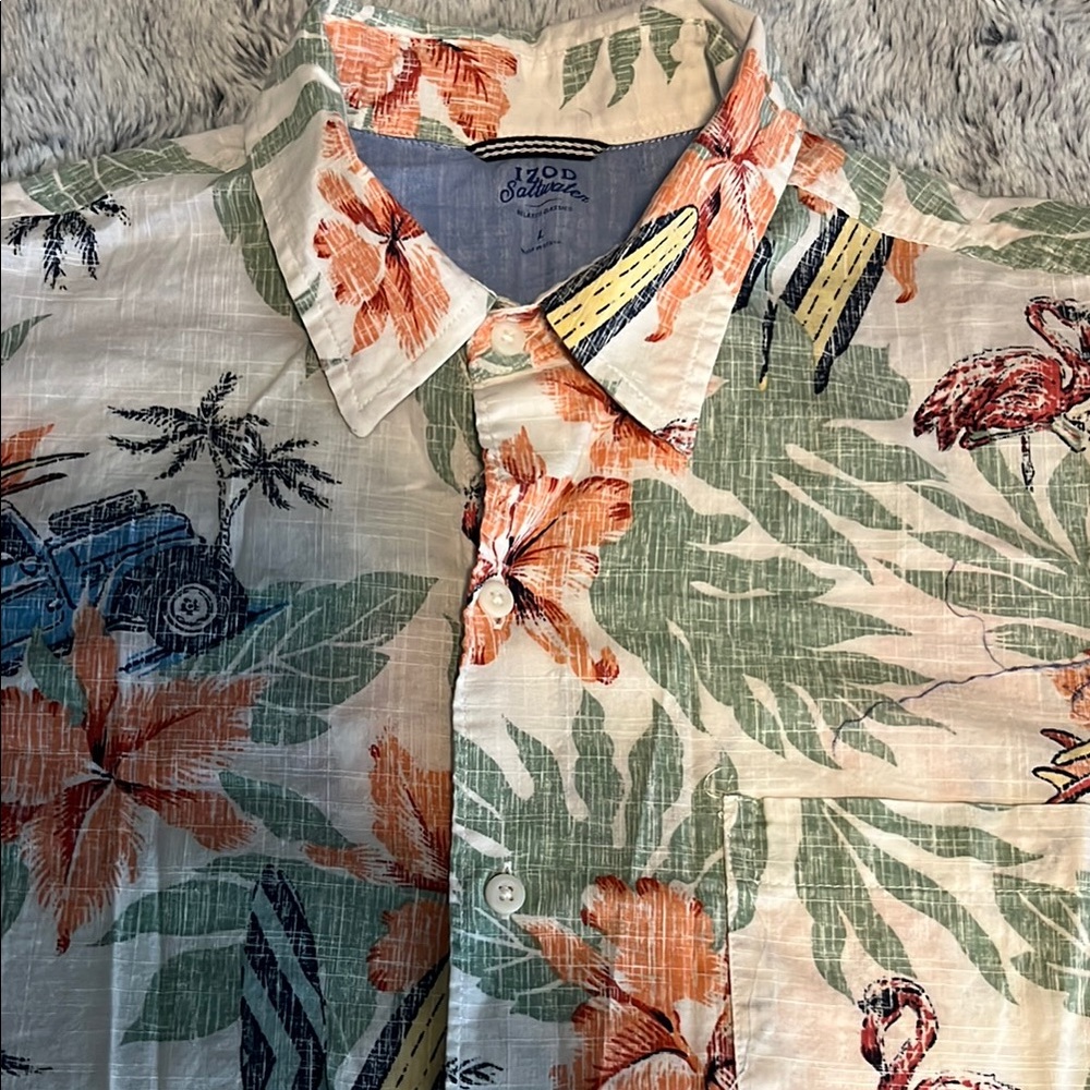 IZOD Saltwater Floral and Flamingo Print Button-Up Shirt Size Large